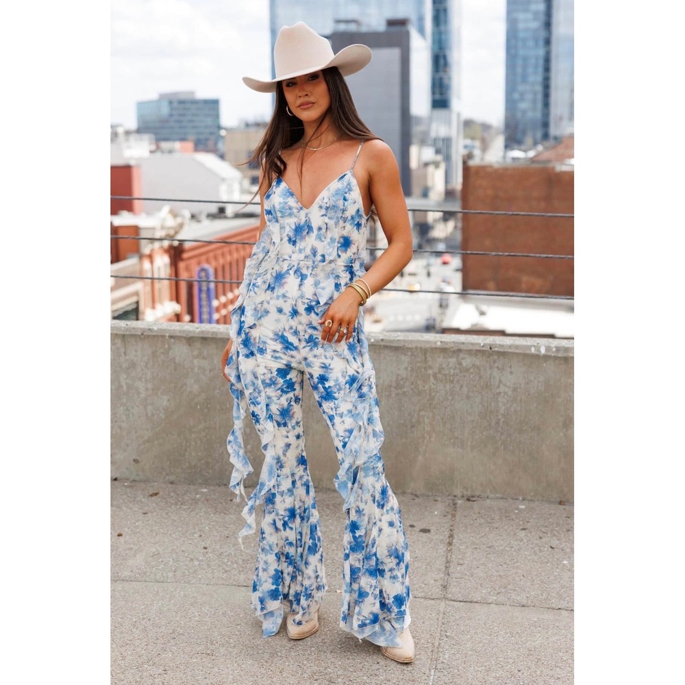 Klesis Blue White Floral Ruffle Bell Bottom Jumpsuit Western Boho Festival NEW